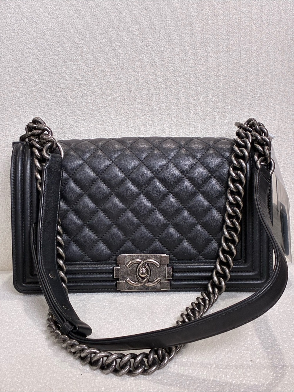 CHANEL Black Quilted Leather Boy Shoulder Bag with Silver-Tone Hardware